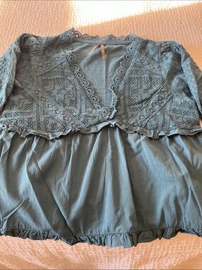 Anthropologie Dusty Blue Crochet/Lace V-Neck Top XXS